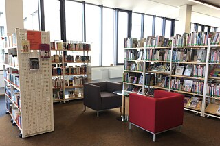 Bücherregale vor großen Fenstern mit rotem Sessel