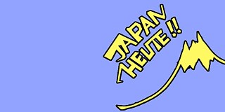 Grafik eines weißen Berges in der Ecke, über den in roten Buchstaben "Japan heute" geschrieben ist. Schwarzer Hintergrund.